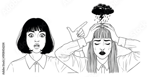 Hand drawn line art illustration of two women depicting emotional stress and a blaming gesture for psychological themes