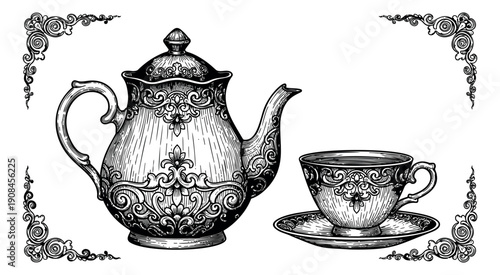 Hand drawn vintage line art tea set featuring a teapot and teacup with ornate scrollwork for elegant beverage serving