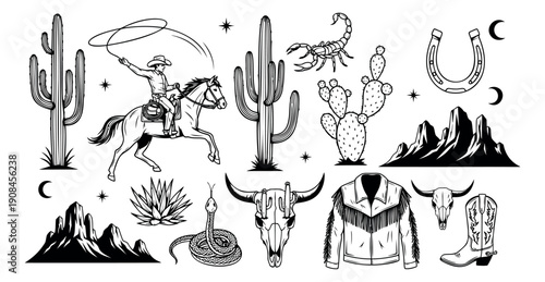 Hand drawn line art western elements set featuring a cowboy, desert plants, and wild west symbols for themed designs