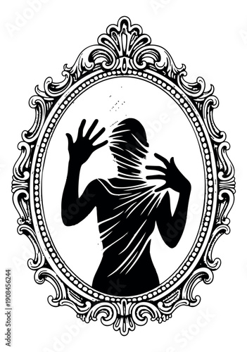 Line art illustration of a person in an ornate mirror depicting a distorted reflection for psychological concepts