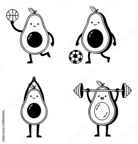 Cute hand drawn line art avocado character set featuring avocados doing sports and fitness activities for a healthy lifestyle concept