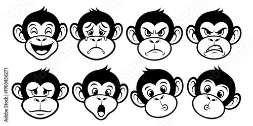 Cartoon line art monkey emoji faces set featuring a range of emotions for social media