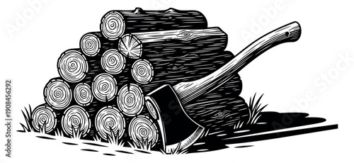 Woodcut illustration of a stack of logs and an axe depicting winter preparation for heating