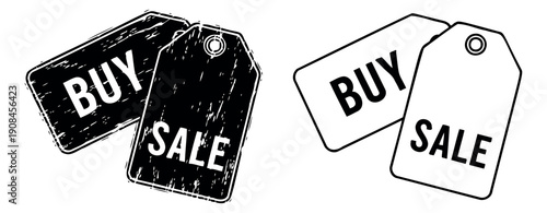 Grunge and line art price tag set featuring 'buy' and 'sale' messages for retail promotions