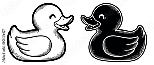 Hand drawn line art rubber duck set featuring black and white smiling ducks for children's bath time