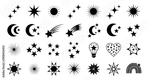 Stylized graphic celestial symbols set featuring stars, crescent moons, suns, and sparkles for design projects