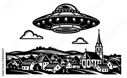 Stylized black and white illustration of a flying saucer depicting its appearance over a rural village for science fiction design