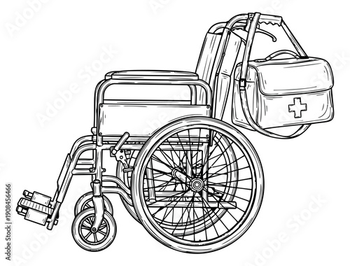 Hand drawn line art illustration of a wheelchair depicting a first aid kit for medical care