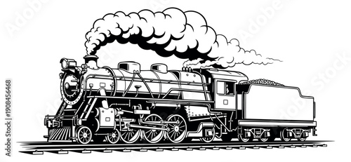 Vintage line art illustration of a steam train depicting smoke billowing from its chimney for transportation history design