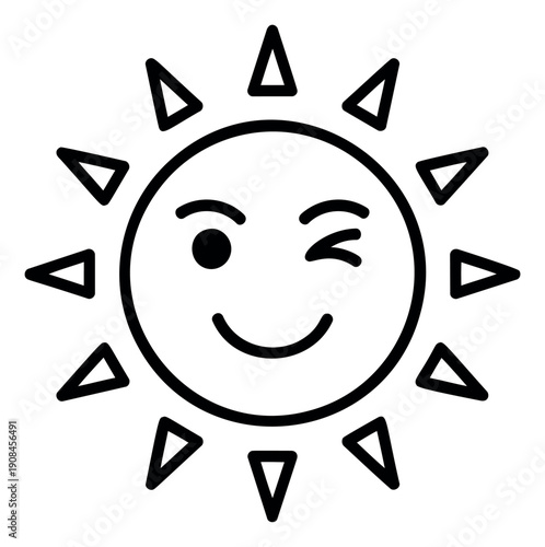 Line art illustration of a sun emoji depicting a winking expression for positive concepts