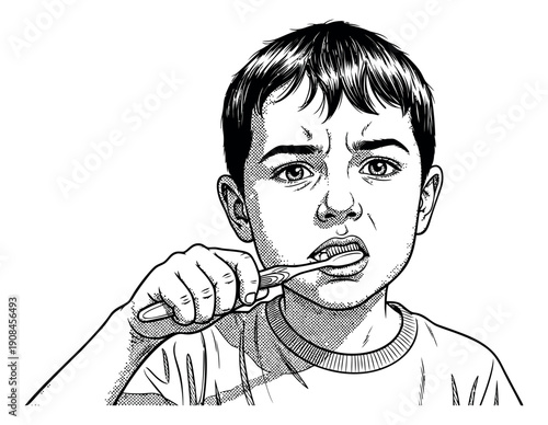 Hand drawn line art illustration of a young boy depicting a grimace while brushing teeth for oral health