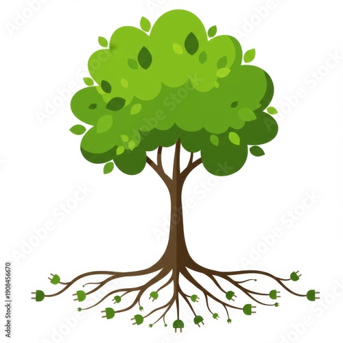 Green Tree Roots with Electrical Plugs Symbolizing Clean Energy Innovation