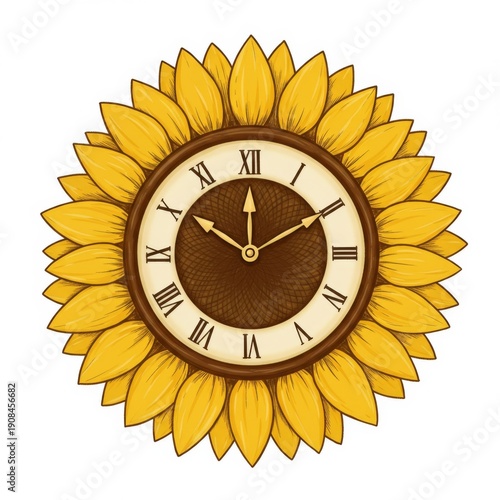 Vintage Sunflower Clock with Roman Numerals on White Background Timepiece Decor
