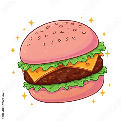 Cartoon Burger with Pink Bun and Cheese with Lettuce on White Background