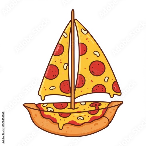 Conceptual Pizza Boat Sailing with Pepperoni Slices on White Background