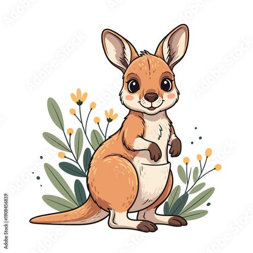 Joey kangaroo standing among wildflowers in a flat illustration style