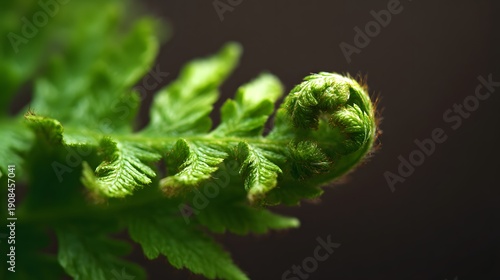 Close-up of a vibrant green fern frond unfurling in soft light.