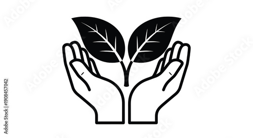 Hands cradling leaves icon with black foliage minimalist design for eco awareness featuring environment, protection, conservation with nature and sustainability elements for green, symbol projects,