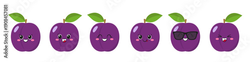 Cute plums fruit set, fun cartoon character, happy smiling face, big eyes, emotions joy delight, kawaii style, vector children's illustration.