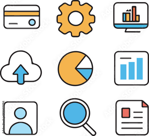 Flat Business and Data Icons – Coral and Navy 3×3 Grid