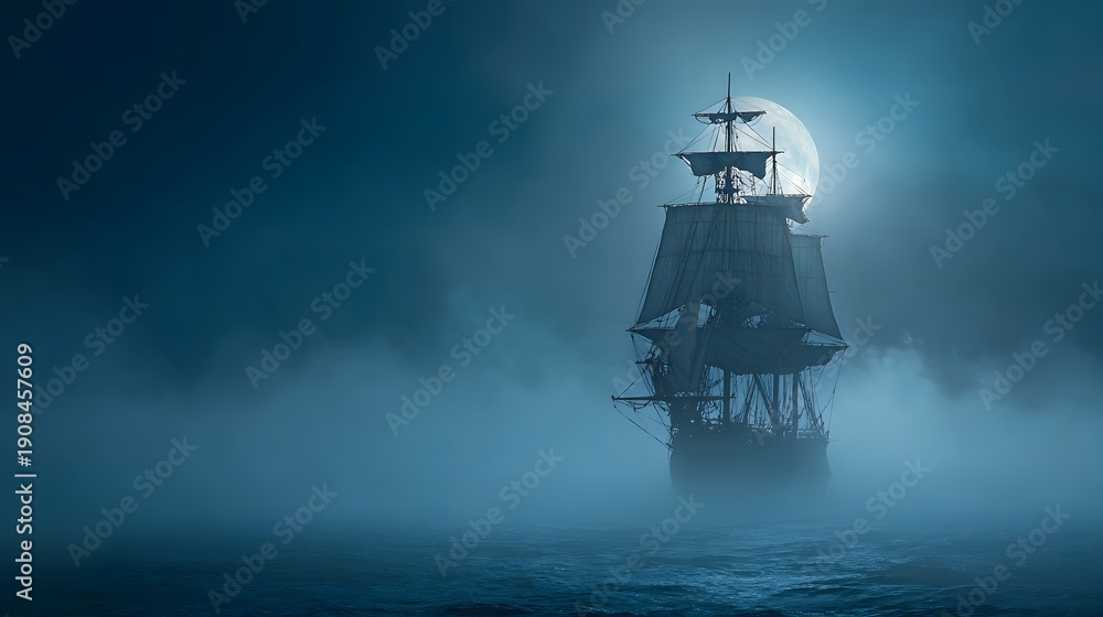 Fototapeta premium Mysterious Pirate Ship Sailing Through Fog Under Full Moon.