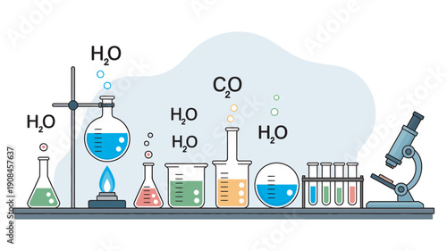 Laboratory equipment, chemistry experiment glassware, vibrant liquids and gas reactions, scientific research tools, flasks, test tubes, beakers, isolated vector illustration