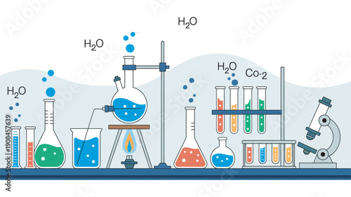 Laboratory equipment, chemistry glassware set with colorful liquids and gases, scientific experiments concept, test tubes, flasks, beakers, vector illustration