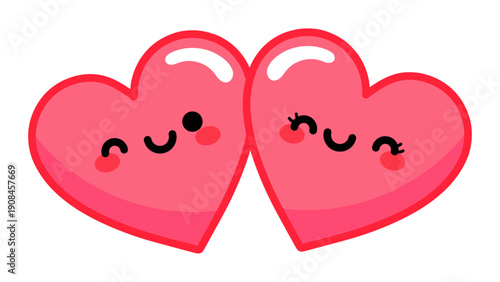 Two Cute Pink Hearts Happy Faces White Background Kawaii