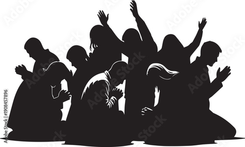 Group of people praying together silhouette vector illustration for community and worship