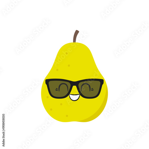 Cute cartoon pear fruit with sunglasses, fun smiling character, happy face, big eyes, emotions joy delight, kawaii style, icon vector children's illustration.