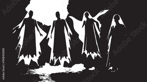 Silhouettes of Ghostly Figures with Outstretched Arms in Dark Setting