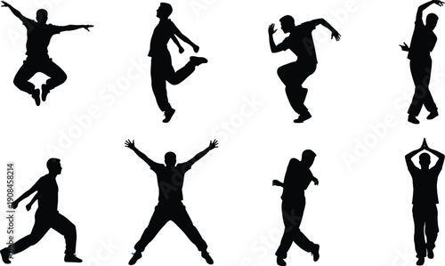 WebSet of Black Full Body Silhouettes of Young Men Jumping Dancing and Celebrating in Energetic Active Poses Isolated on White Background for Success Happiness Concept