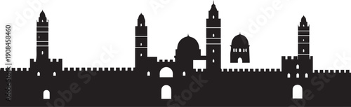 Jerusalem old city wall and famous towers and mosques silhouette vector illustration line art
