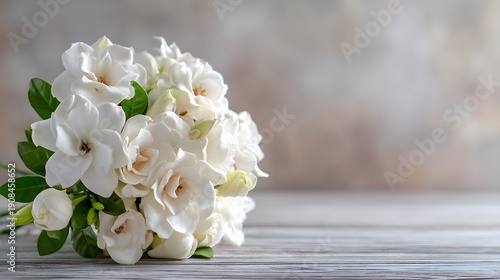 Beautiful Bouquet of White Gardenia Flowers on a Rustic Wooden Surface.