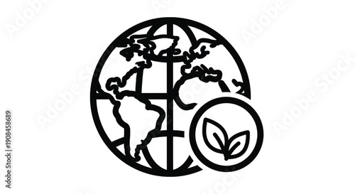 Globe ecology with leaf icon in simple black line art style featuring environment, sustainability, conservation with planet and earth elements for green, nature projects, clean composition on simple