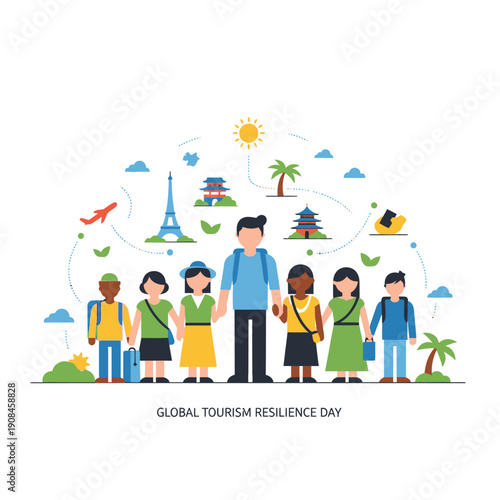 Global Tourism Resilience Day Celebrating diverse people, iconic landmarks, and a vibrant travel spirit