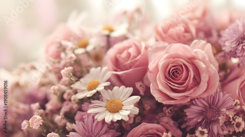 Soft Pink Roses and Daisies Floral Arrangement Close-Up.