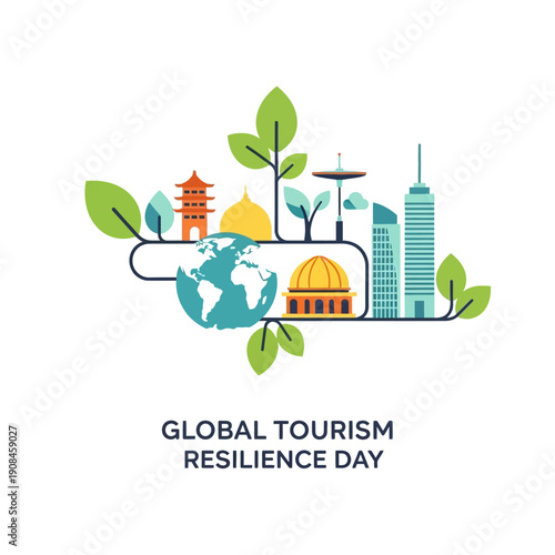 Vibrant flat design illustration of a world globe, iconic landmarks, and green foliage, symbolizing global travel, cultural diversity, and sustainable tourism