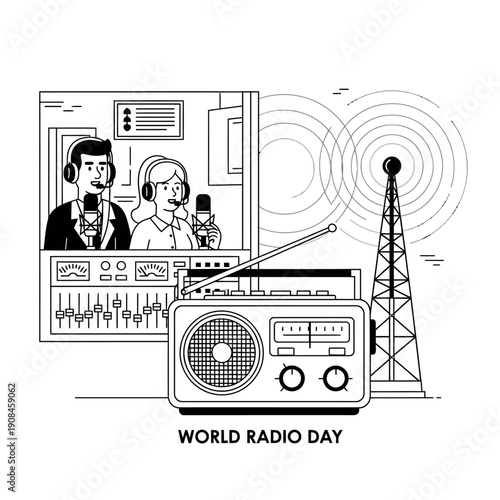 Line art illustration for World Radio Day, showing radio broadcasters in a studio environment, vintage radio equipment, and a broadcast tower symbolizing global communication