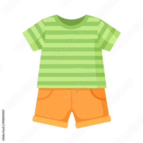 Kids Summer Outfit Green Striped T-Shirt Orange Shorts Simple Vector