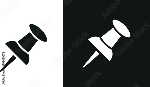 Black and white minimalist pushpin icon set with isolated thumbtack and inverted square button for digital interface marking, location tracking, and content pinning apps.