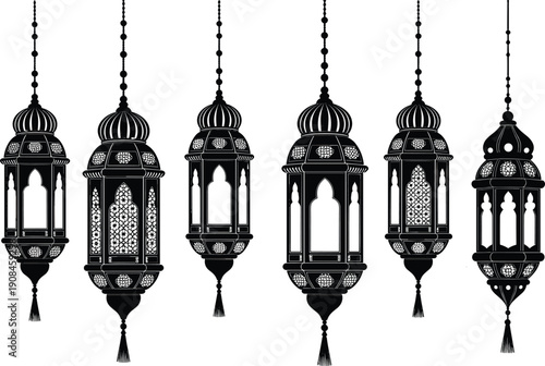 WebCollection of six detailed black arabic lantern silhouettes with tassels and intricate geometric patterns isolated on white background for ramadan kareem and eid celebration