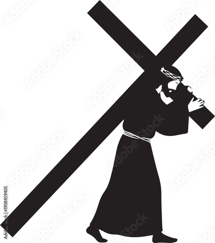 Jesus christ carrying a heavy cross silhouette on his shoulder vector illustration line art