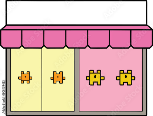 Retro shop window with blinking pixel signs