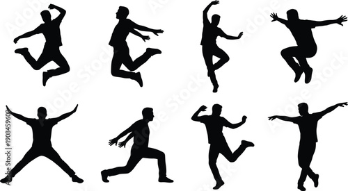 WebFull Body Silhouette of Young Men Jumping and Dancing in Joyful Energetic Poses Set Isolated on White Background for Celebration Happiness and Success Concept