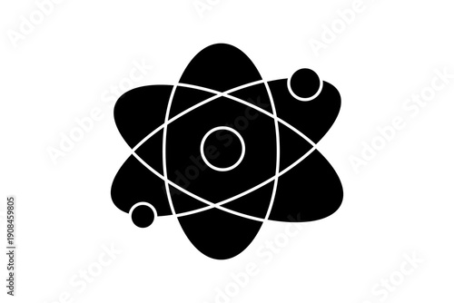 This image is a clean, flat black icon of an atom, representing physics, chemistry, and nuclear science.
