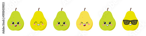 Cute pear fruit set, fun cartoon character, happy smiling face, big eyes, emotions joy delight, kawaii style, vector children's illustration.