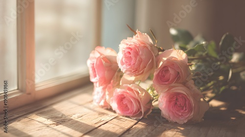 Soft Pink Roses on a Wooden Table by the Window.