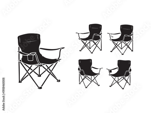 Four black folding chairs on white background