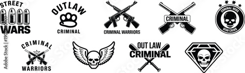 Outlaw criminal emblem collection, warfare logos artwork, skull and guns design, rebellious symbol concept, crime culture graphics, dark fantasy branding icons